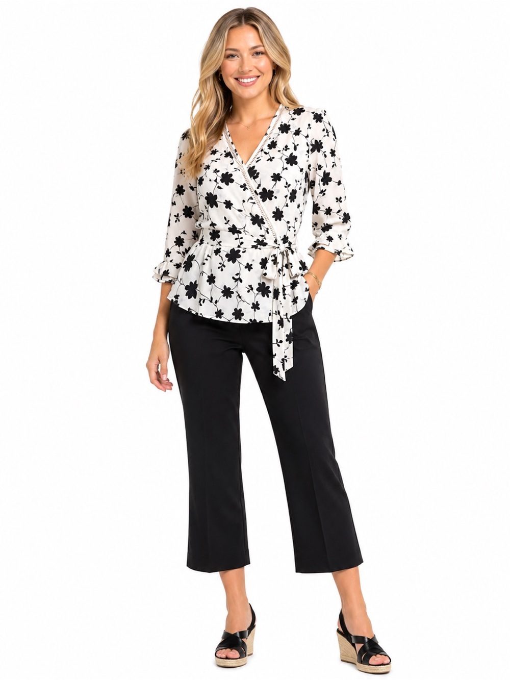 Women’s Black & White Floral Wrap Top